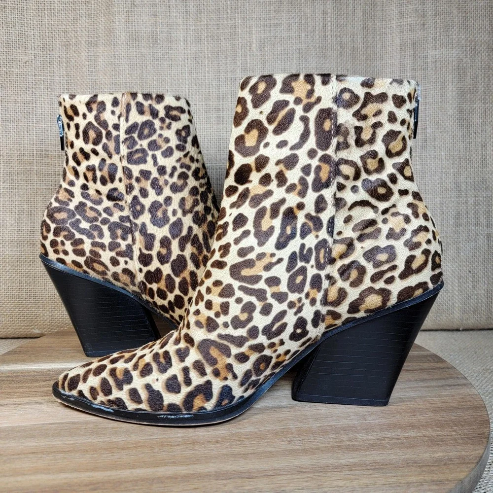 Dolce Vita Ankle Boots Leopard Print Calf Hair Pointed Toe Block Heel Women 9.5